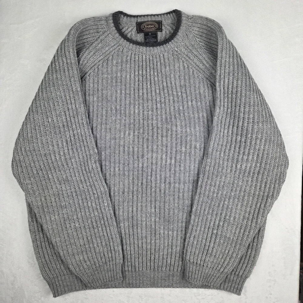 Sweater Frober Large Men's from Italy Gray Ribbed Knit Wool Blend Pullover